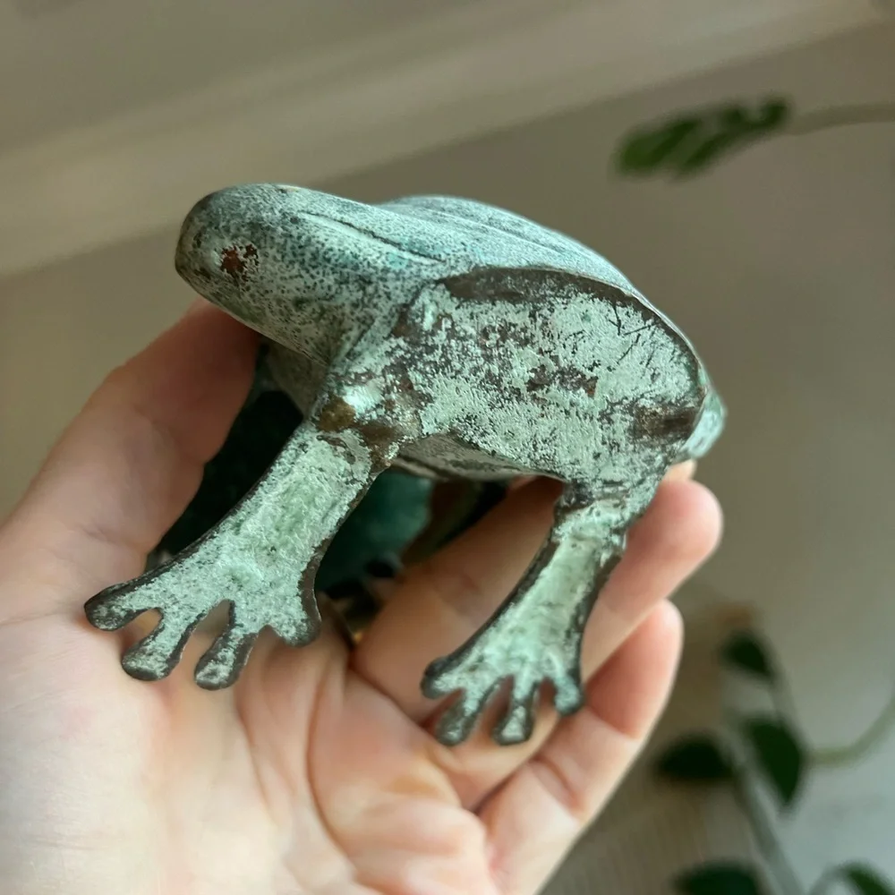 Vintage Cast Metal Frog Candle Holder – Verdigris Whimsical Cottagecore Decor